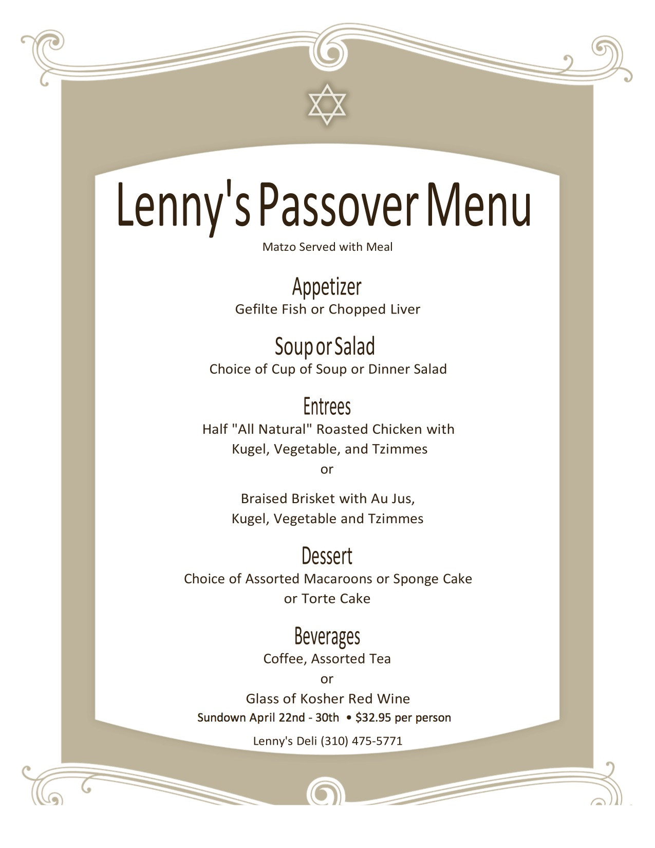 Passover Dinner Menu
 Lennys Passover Menu Lenny s Deli Los Angeles