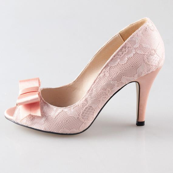 Peach Shoes For Wedding
 Peach blush lace bow shoes wedding party by Creativesugar