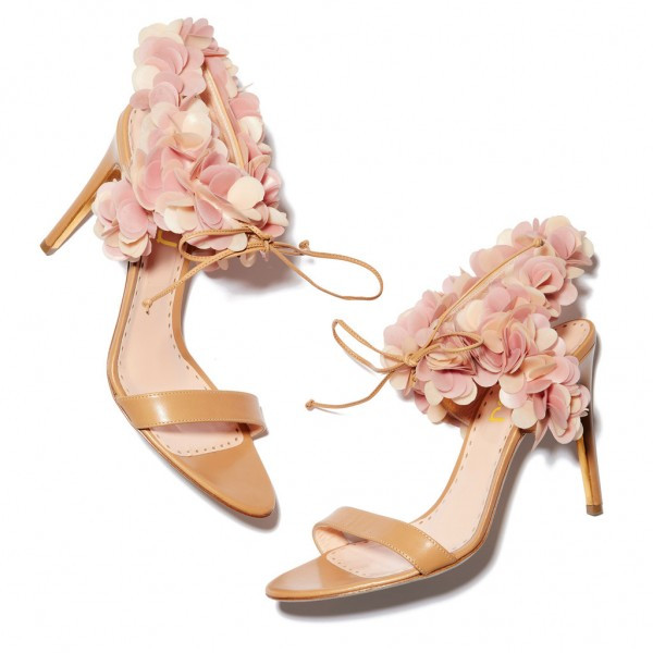 Peach Shoes For Wedding
 Peach Pink Floral Wedding Shoes Stiletto Heel Sandals for