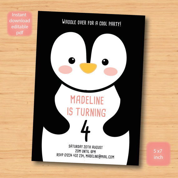 Penguin Birthday Invitations
 penguin bird birthday invitation SELF EDITABLE PDF 5 x 7