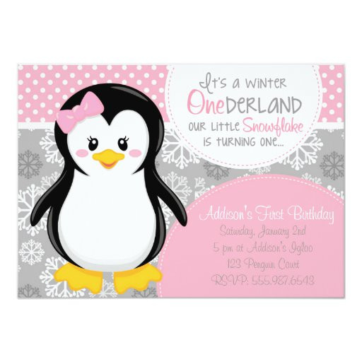Penguin Birthday Invitations
 Winter ONEderland Pink Penguin Invitation
