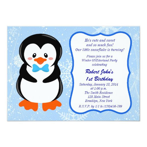 Penguin Birthday Invitations
 Winter Penguin Snowflake 1st Birthday Invitation