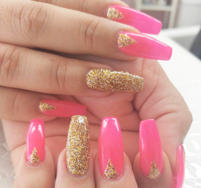 Pink And Gold Glitter Nails
 1001 Ideas for Coffin Shaped Nails to Rock This Summer