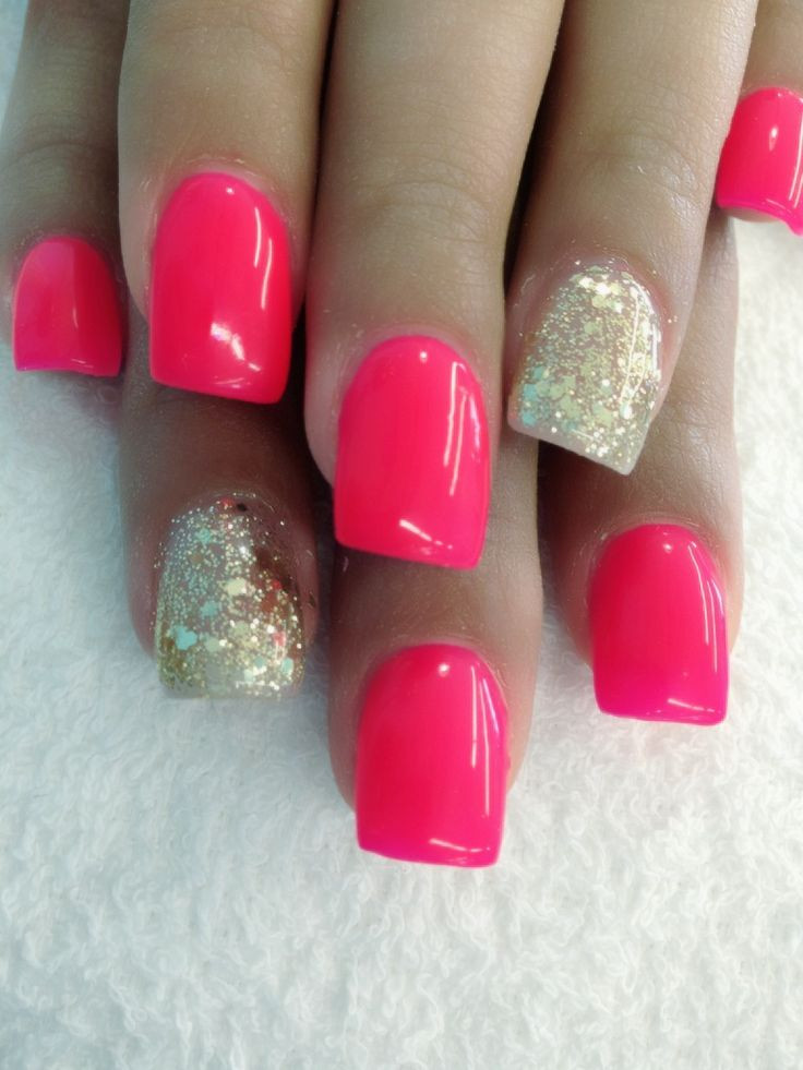 Pink And Gold Glitter Nails
 Nail with hot pink and gold glitter
