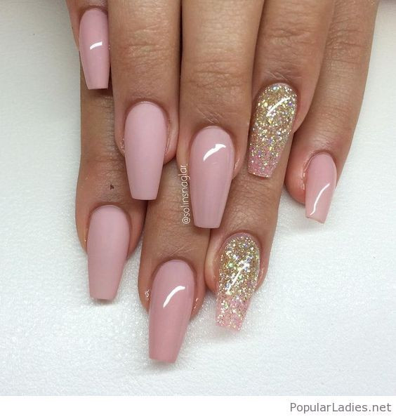 Pink And Gold Glitter Nails
 Long pink nails with gold glitter nails in 2019