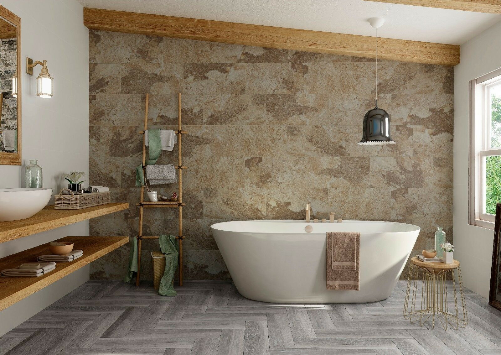Porcelain Wall Tiles Bathroom
 Bengal Beige Natural Stone Slate effect Porcelain bathroom