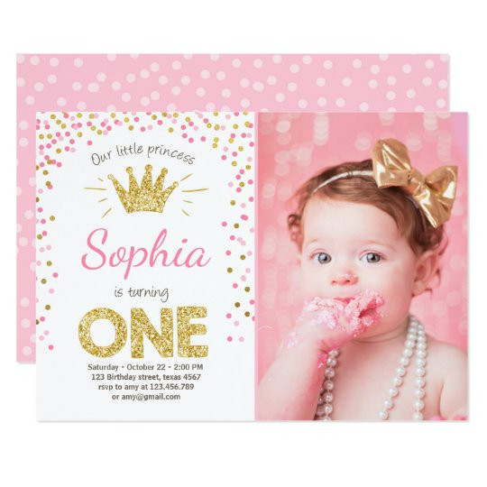 Princess 1st Birthday Invitations
 First birthday invitation Princess Gold Pink