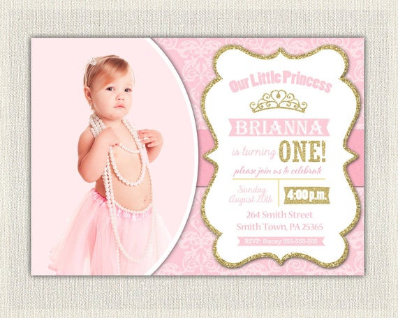 Princess 1st Birthday Invitations
 First Birthday Invitation Gold and Pink Princess Invitations