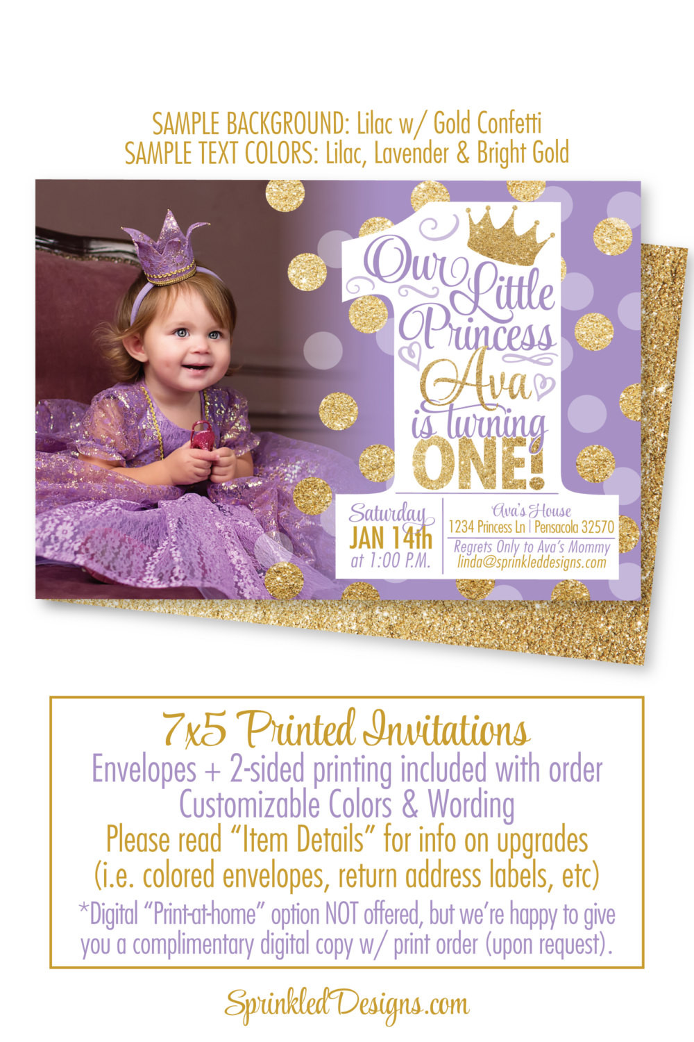 Princess 1st Birthday Invitations
 Princess First Birthday Girl Invitations Purple Gold Glitter