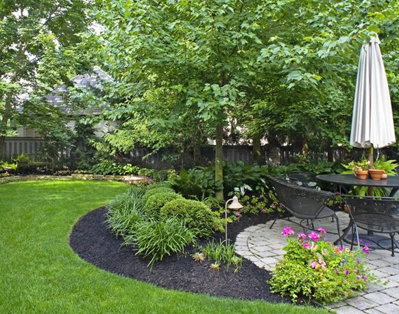 Privacy Landscaping Around Patio
 beautiful green lawn black mulch stone patio mature