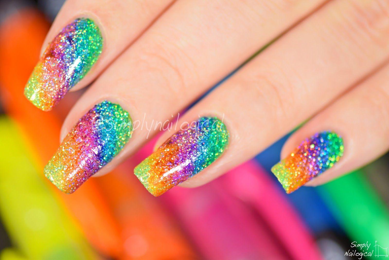 Rainbow Glitter Nails
 Simply Nailogical Sparkly highlighter rainbow nail art