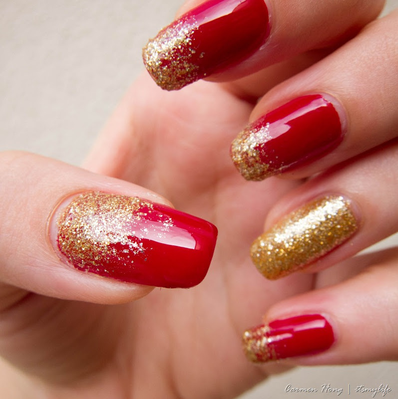 Red Nails With Gold Glitter
 20 Burgundy Nail Designs