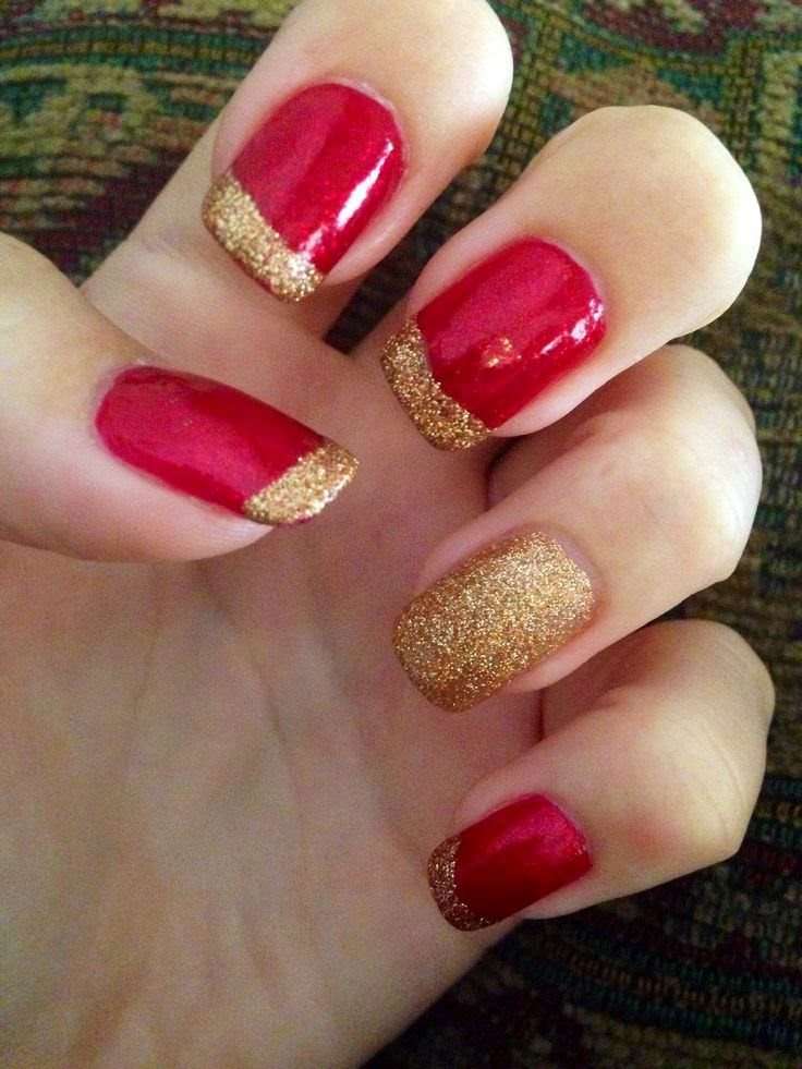Red Nails With Gold Glitter
 52 Red And Gold Nail Art Designs For Trendy Girls