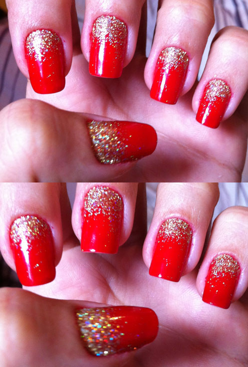 Red Nails With Gold Glitter
 Nails of the week – red and gold glitter