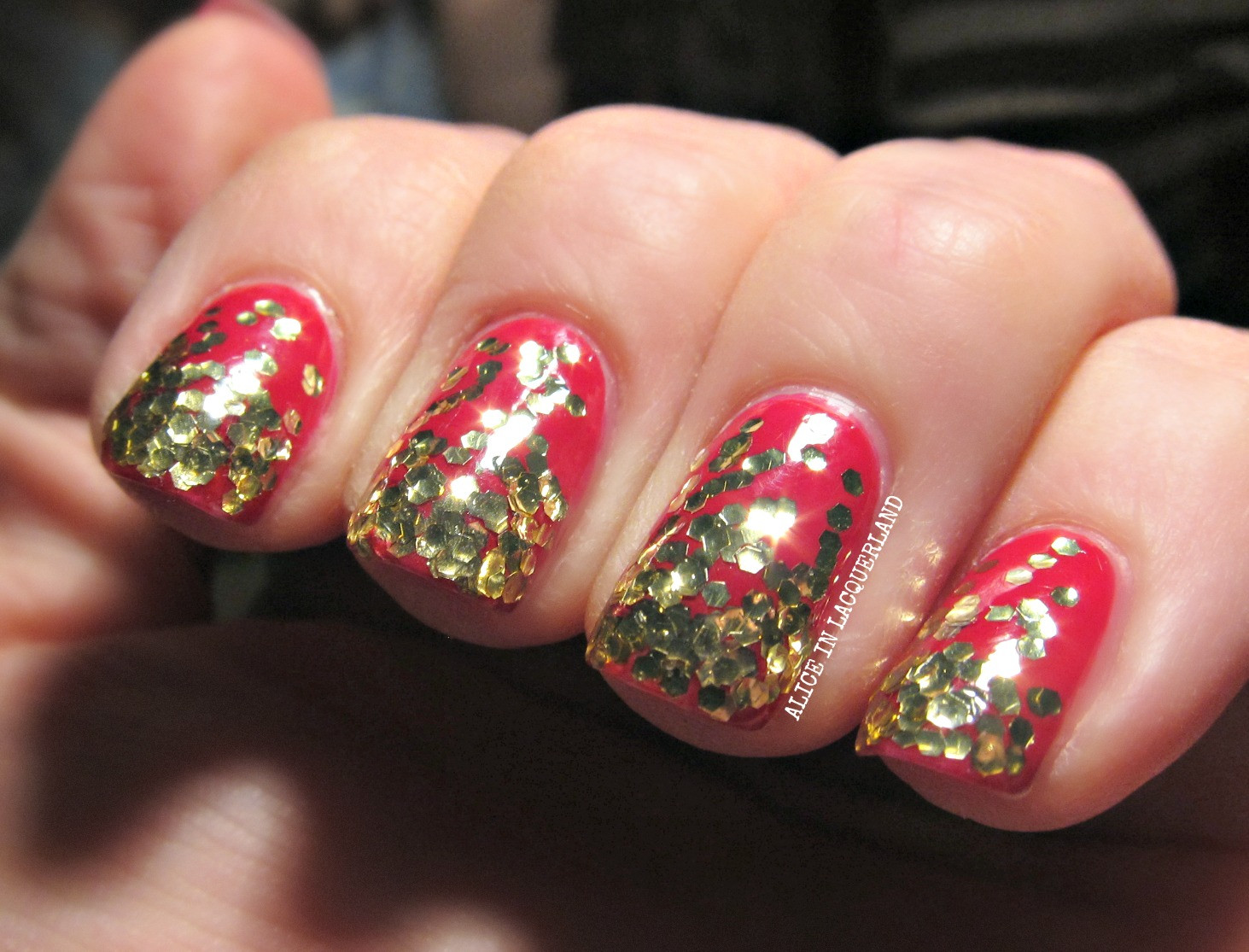 Red Nails With Gold Glitter
 Alice in Lacquerland All That Glitters