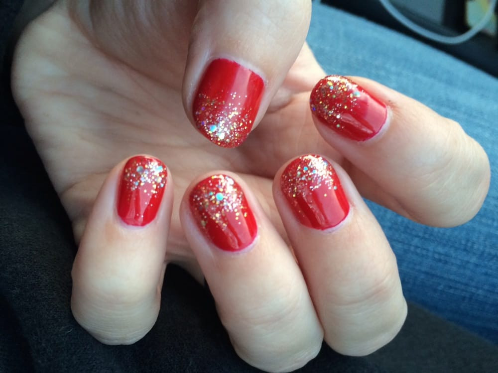 Red Nails With Gold Glitter
 Christmas nails by Thu red nails with gold glitter tips