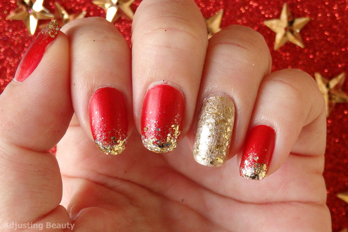 Red Nails With Gold Glitter
 Classic Red And Gold Christmas Manicure Adjusting Beauty