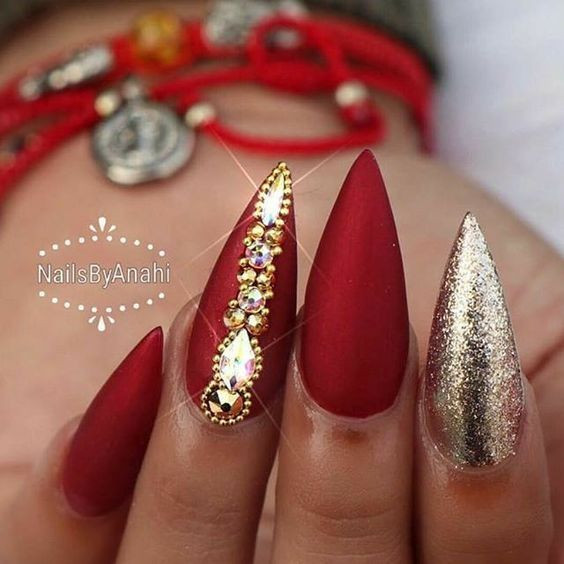 Red Nails With Gold Glitter
 Red Matte Nails for Valentines