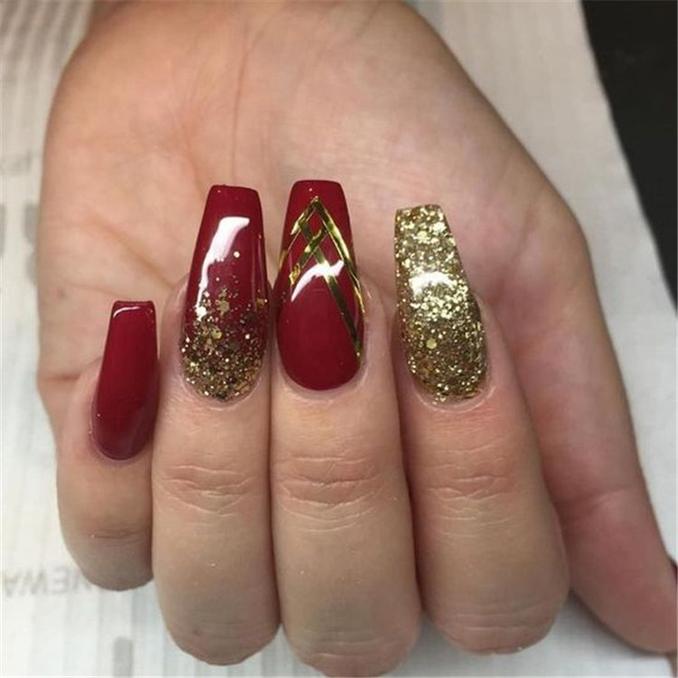 Red Nails With Gold Glitter
 30 Red Glitter Coffin Nails for Winter Makeup Inspiration