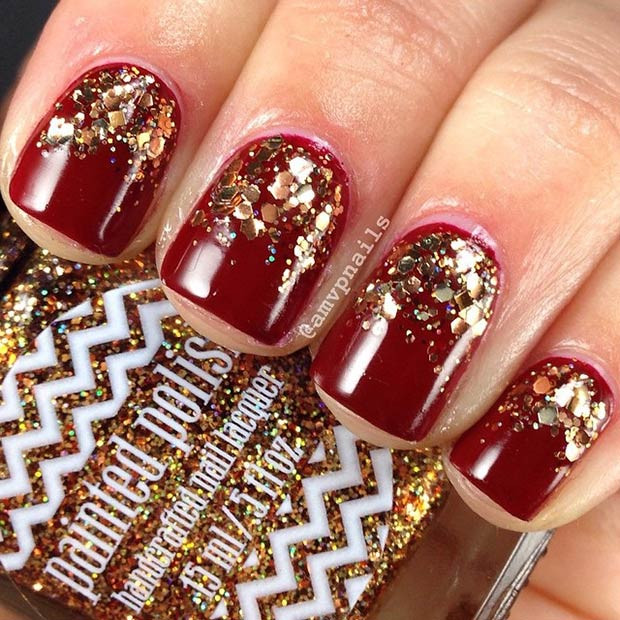 Red Nails With Gold Glitter
 35 Cool Nail Designs to Try This Fall Page 3 of 4