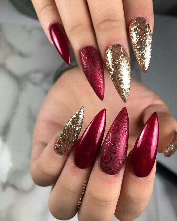 Red Nails With Gold Glitter
 Christmas nails Holiday nails Winter nails red and gold
