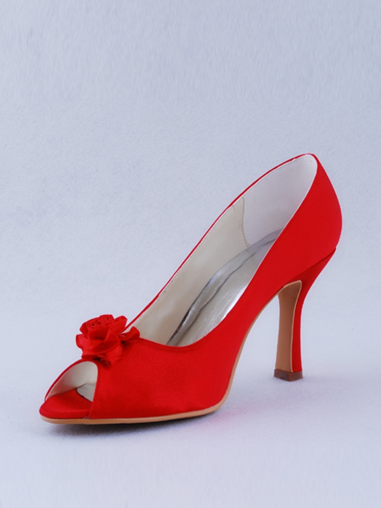 Red Wedding Shoes
 Mid Heel Flower Peep Toes Elegant Red Dyeable Wedding