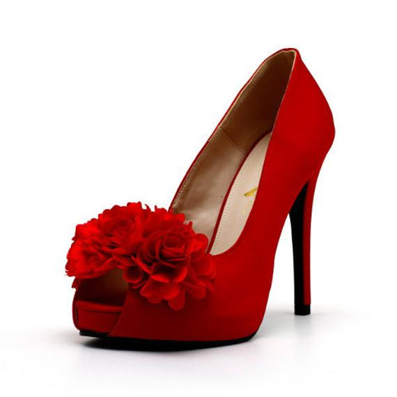 Red Wedding Shoes
 Red Satin Wedding Shoes with Fabric Flowers