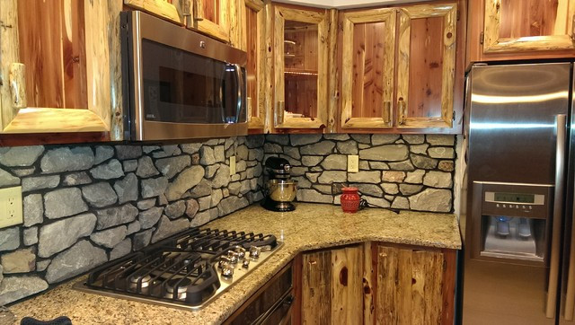 Rustic Backsplash Ideas For Kitchen
 Rustic Red Cedar Kitchen with cultured Stone Backsplash