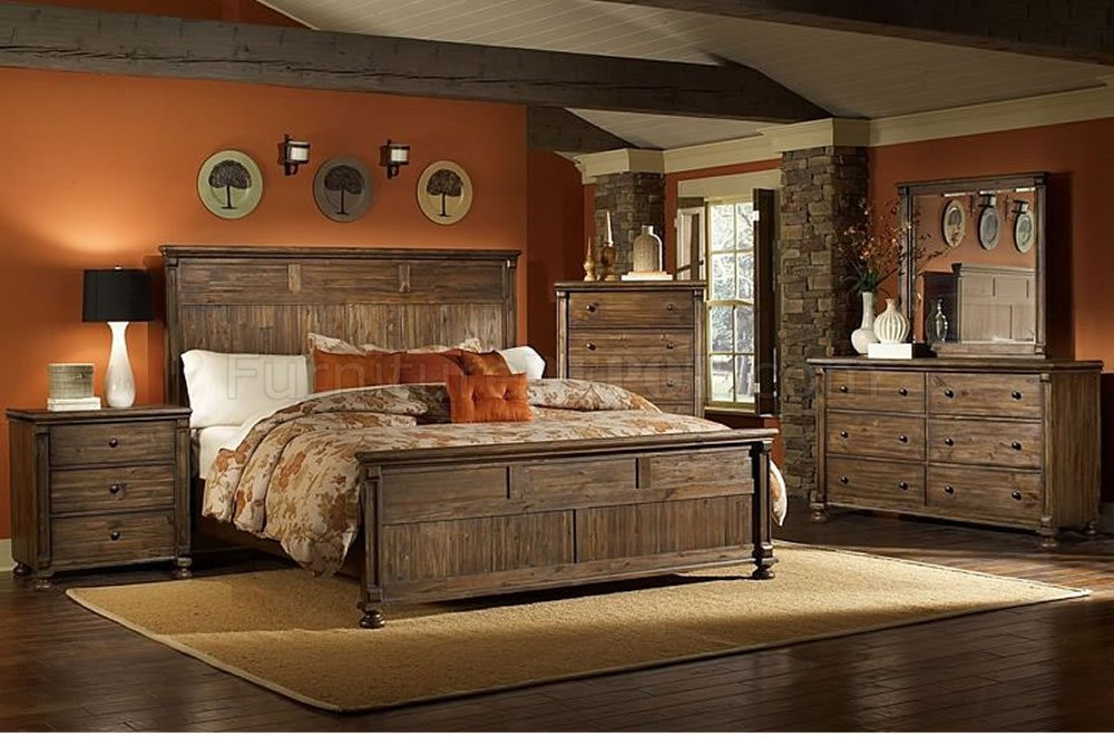 Rustic Bedroom Dresser
 Warm Rustic Finish Traditional Bedroom w Panel Bed & Options