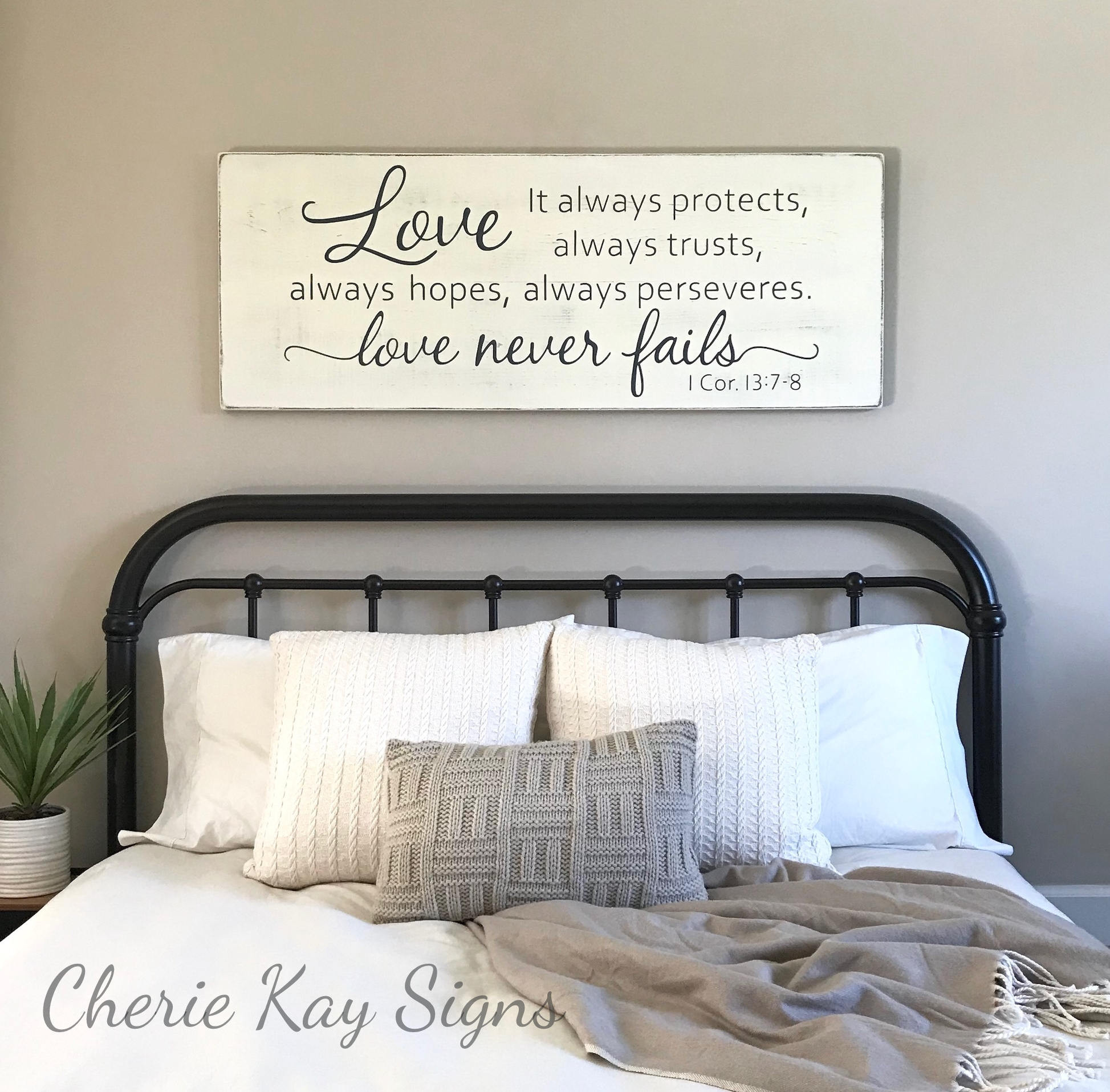 Rustic Bedroom Wall Art
 Master bedroom wall decor Love never fails 1 Corinthians