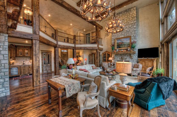 Rustic Elegant Living Room
 Chandeliers in the great room are made of elk antlers
