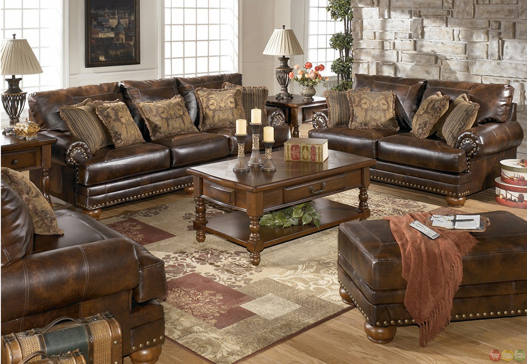 Rustic Leather Living Room Furniture
 Traditional Brown Bonded Leather Sofa Loveseat Living Room