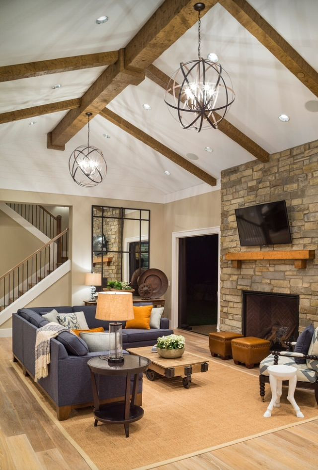 Rustic Living Room Ceiling Lighting
 Cozy contemporary rustic family room Stone fireplace