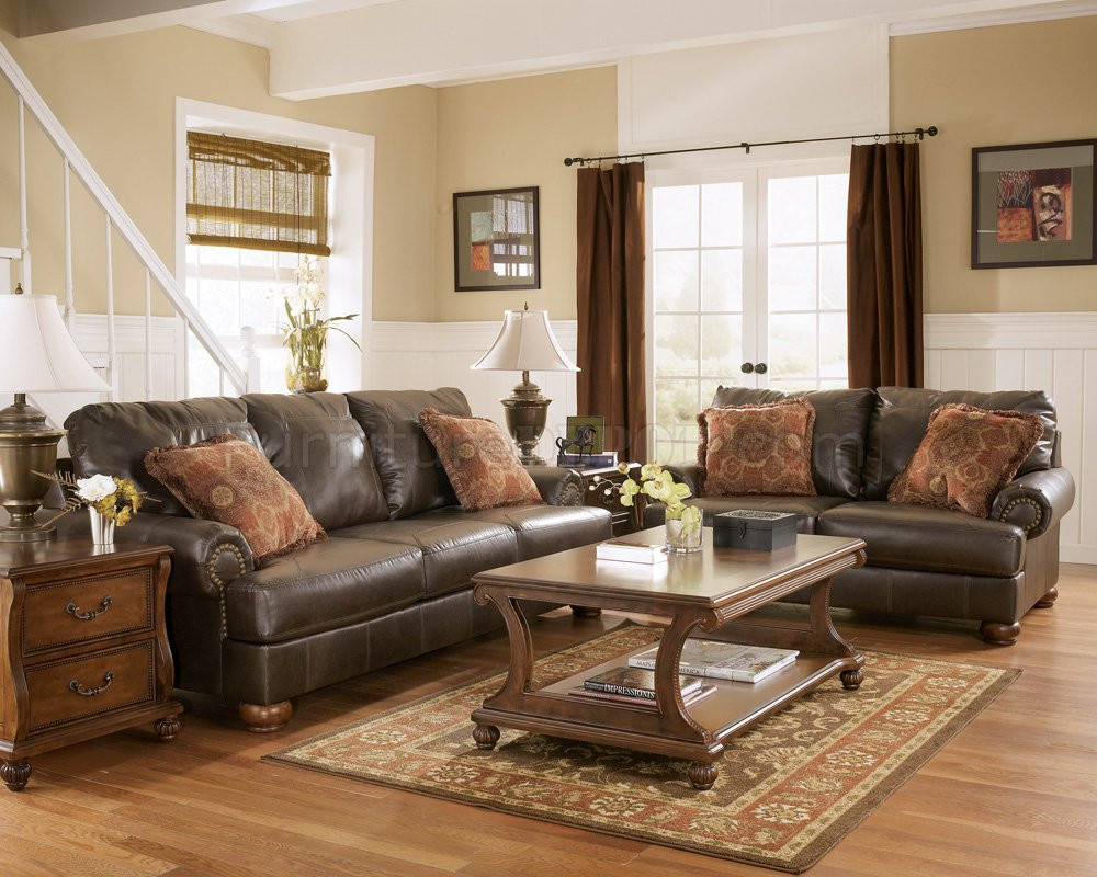 Rustic Living Room Furniture
 Truffle Color Rustic Living Room with Nailhead Deatils By