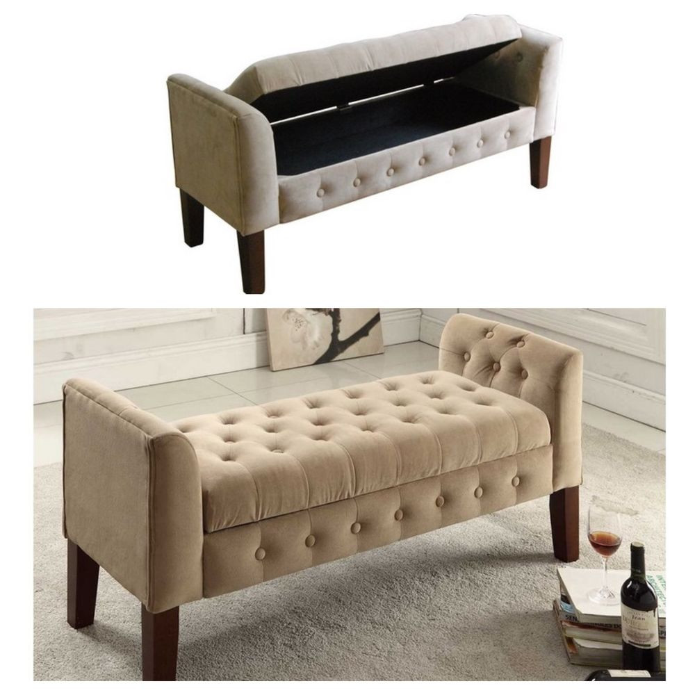 Settee Bench With Storage
 NEW Tufted Upholstered Velvet Tan Storage Bench Settee