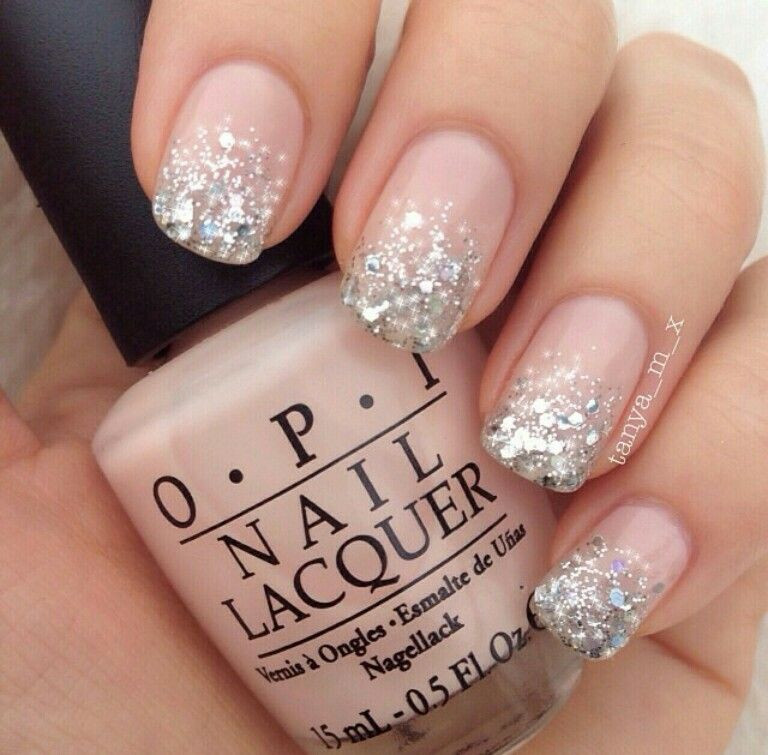 Silver Glitter Tips Nails
 Light pink silver glitter ombre nail art