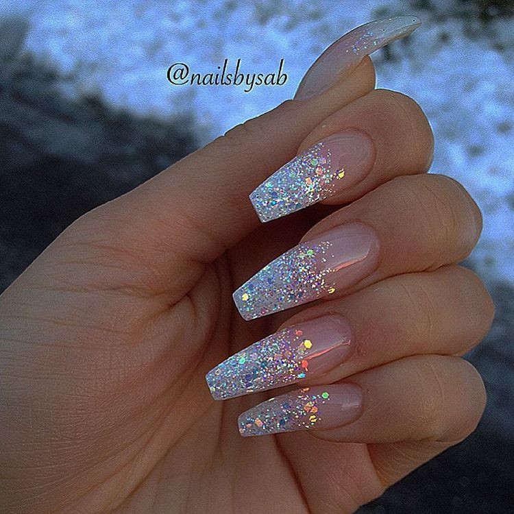 Silver Glitter Tips Nails
 Holo glitter tip long coffin nails by nailsbysab