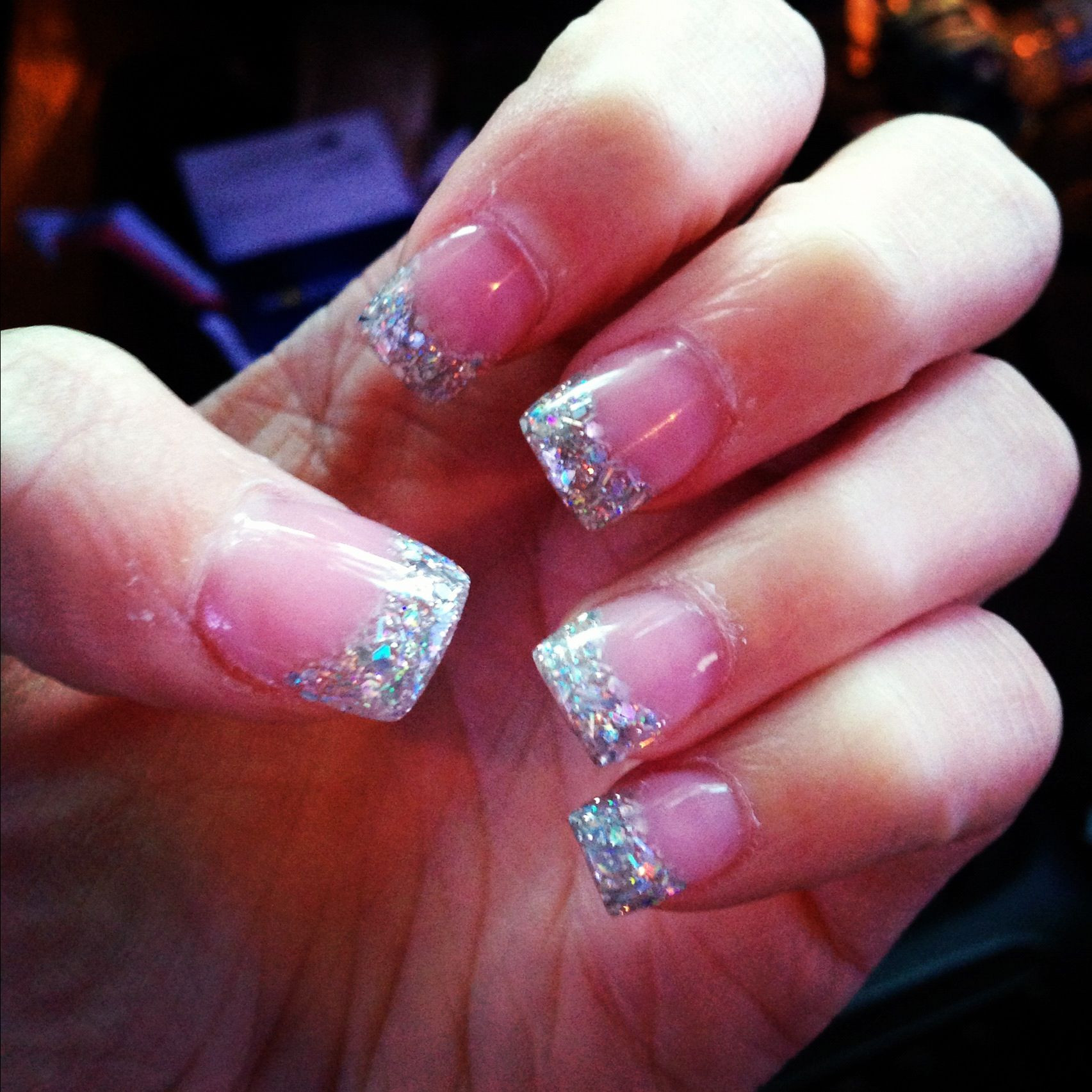 Silver Glitter Tips Nails
 Pink and white acrylic with glitter tips Beauty