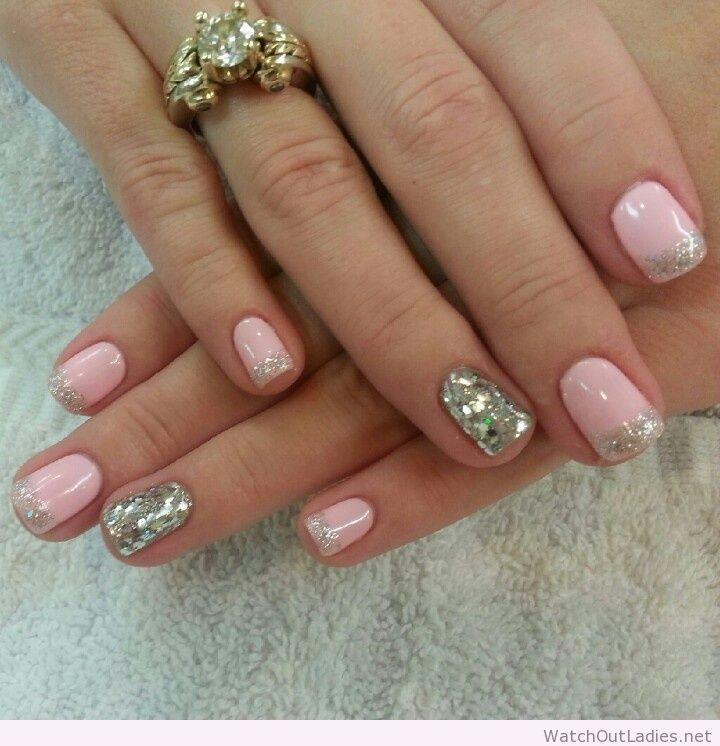 Silver Glitter Tips Nails
 Botanic nails light pink silver glitter tips
