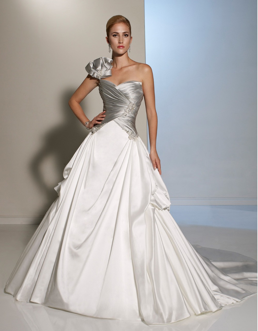 Silver Wedding Dress
 Elegant long white and silver one shoulder gothic wedding