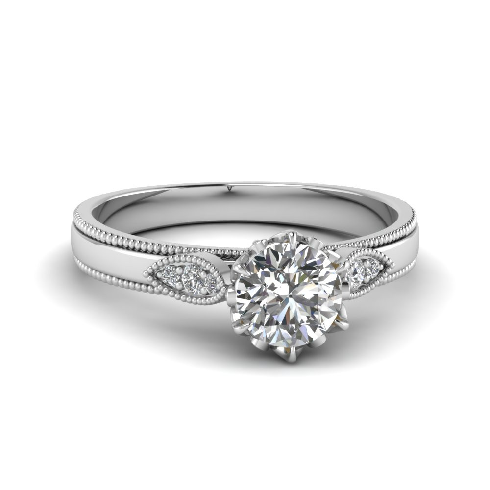 Simple Diamond Rings
 Round Cut Milgrain Simple Diamond Enaggement Ring In 14K