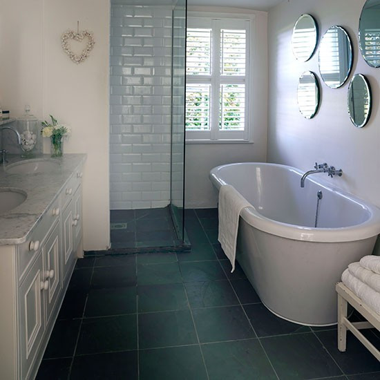 Slate Tile Bathroom Floor
 White bathroom with grey slate floor