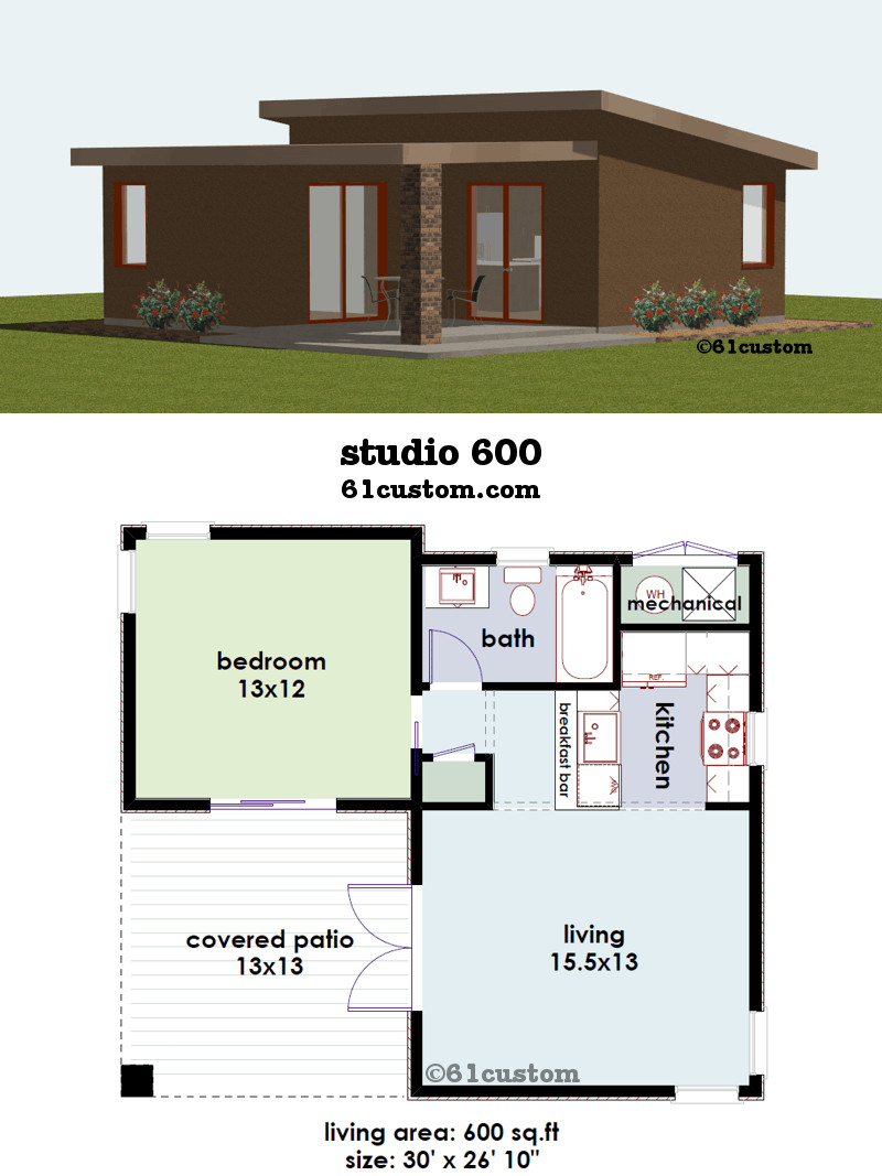 Small Bedroom Floor Plan
 studio600 is a 600sqft contemporary small house plan with