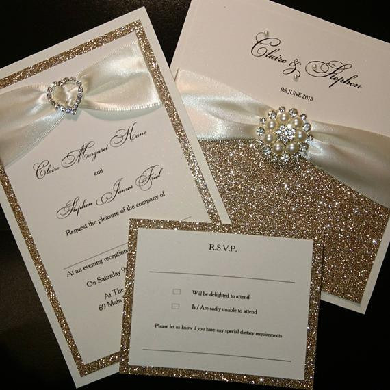 Sparkly Wedding Invitations
 Champagne gold glitter wedding invitations luxury handmade