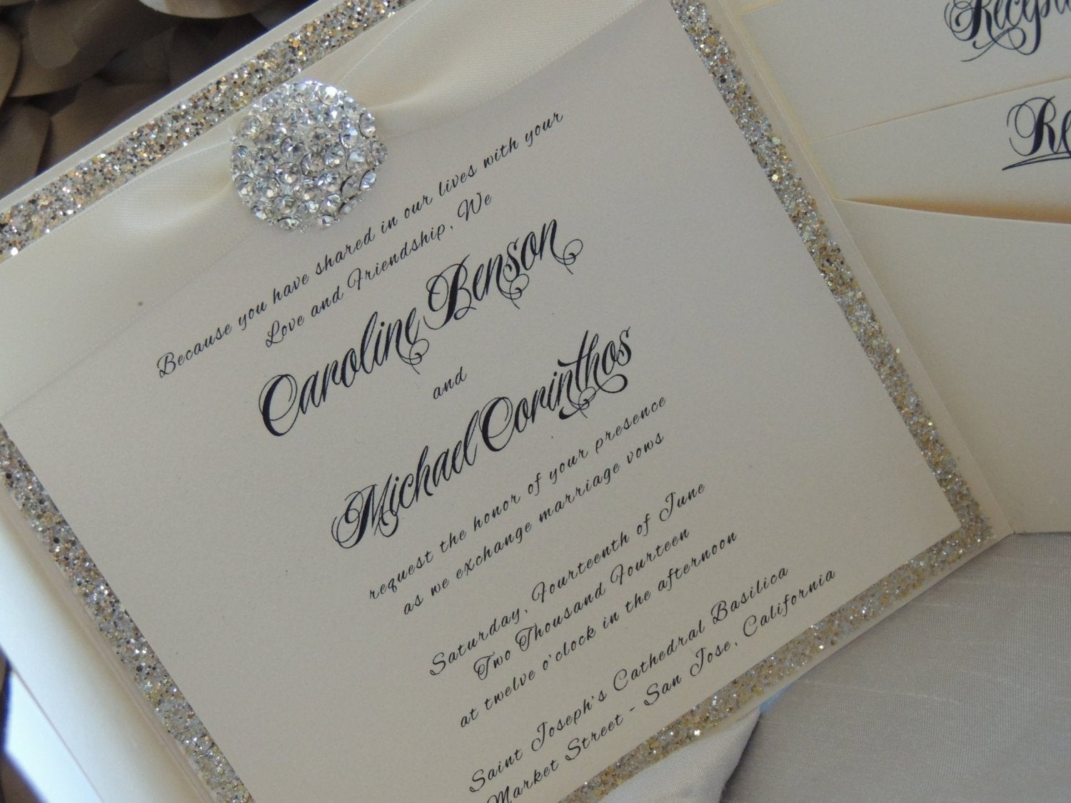 Sparkly Wedding Invitations
 Glitter Brooch Pocket Wedding Invitation