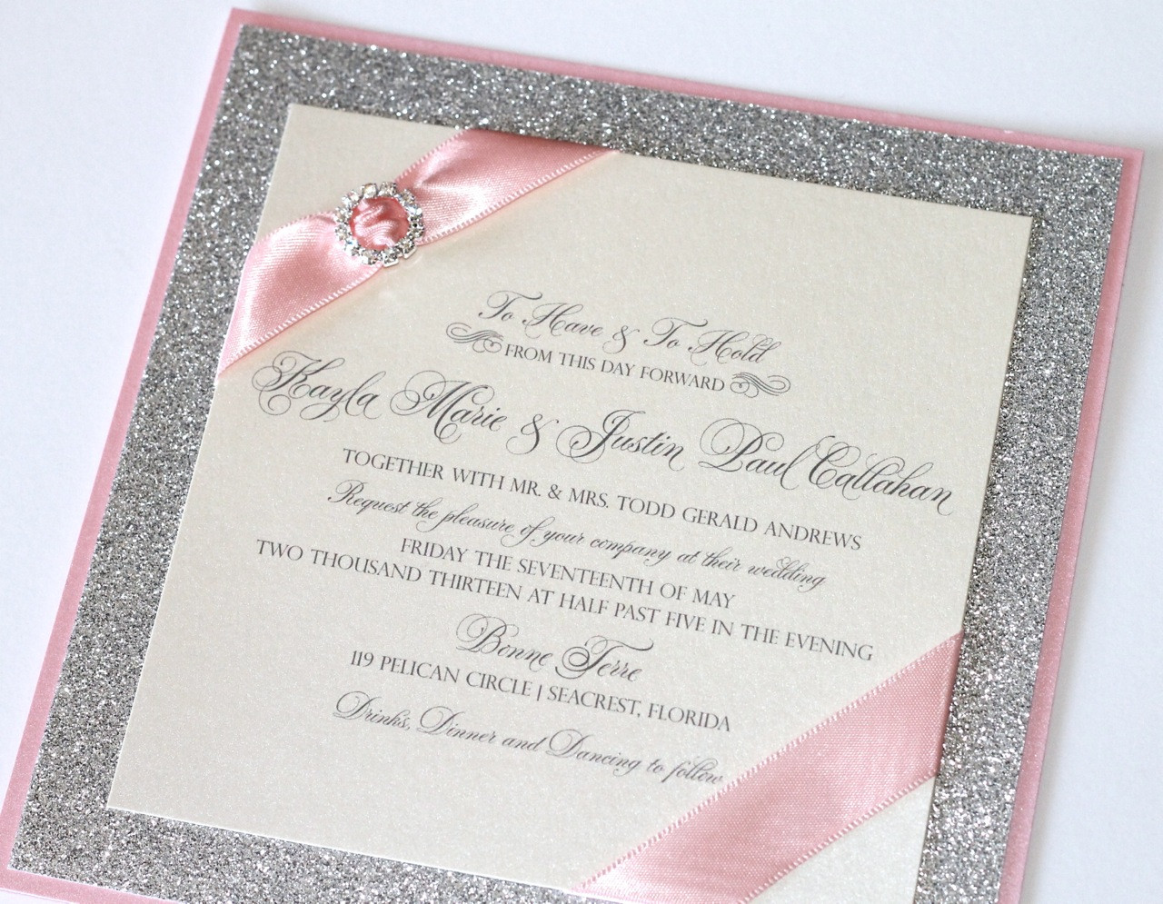 Sparkly Wedding Invitations
 Embellished Paperie Gorgeous Silver Glitter Pink and