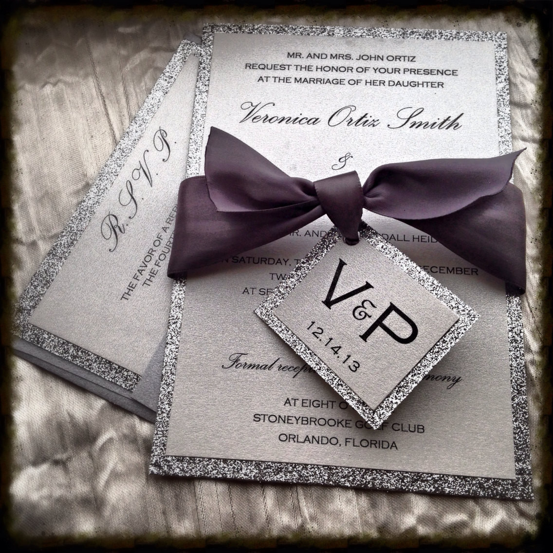 Sparkly Wedding Invitations
 Silver Glitter Wedding Invitation and RSVP Set by VPElegance