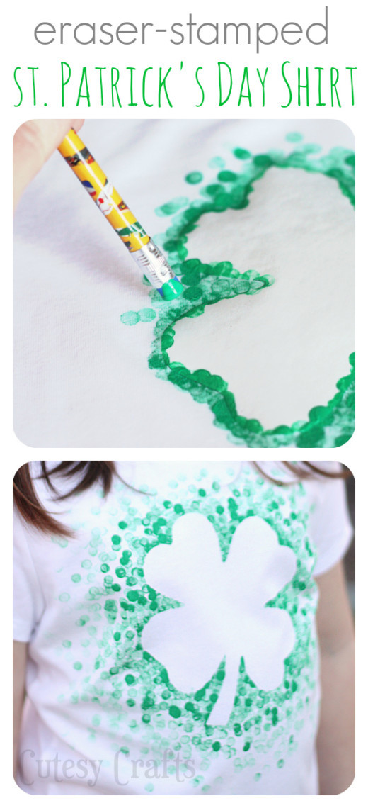 St. Patrick's Day Crafts
 Cutesy Crafts Eraser Stamped St Patrick’s Day Shirt