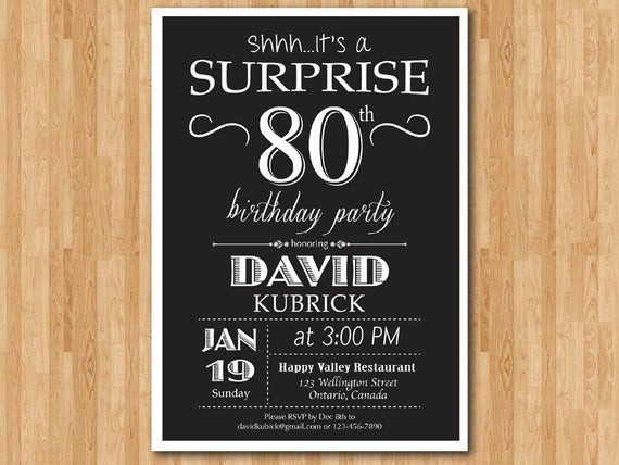 Surprise 80th Birthday Party Invitations
 Surprise 80th birthday invitation 70th 90th Chalkboard