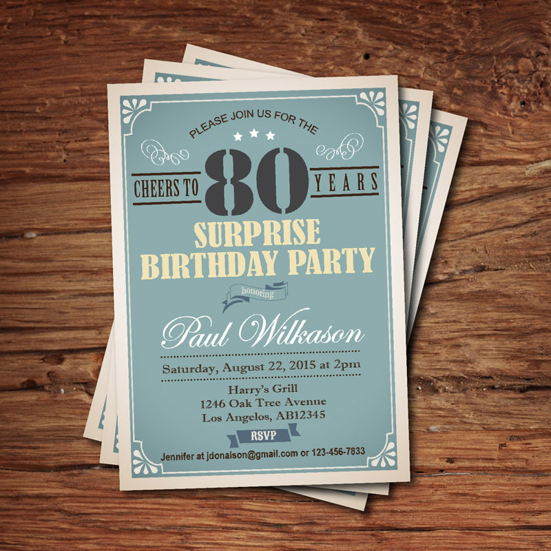 Surprise 80th Birthday Party Invitations
 Surprise 80th birthday invitation for man guy any age